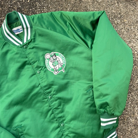 Vtg 80s Chalk Line Boston Celtics Satin Bomber Jacket Men's LT Spellout Green - Picture 3 of 7